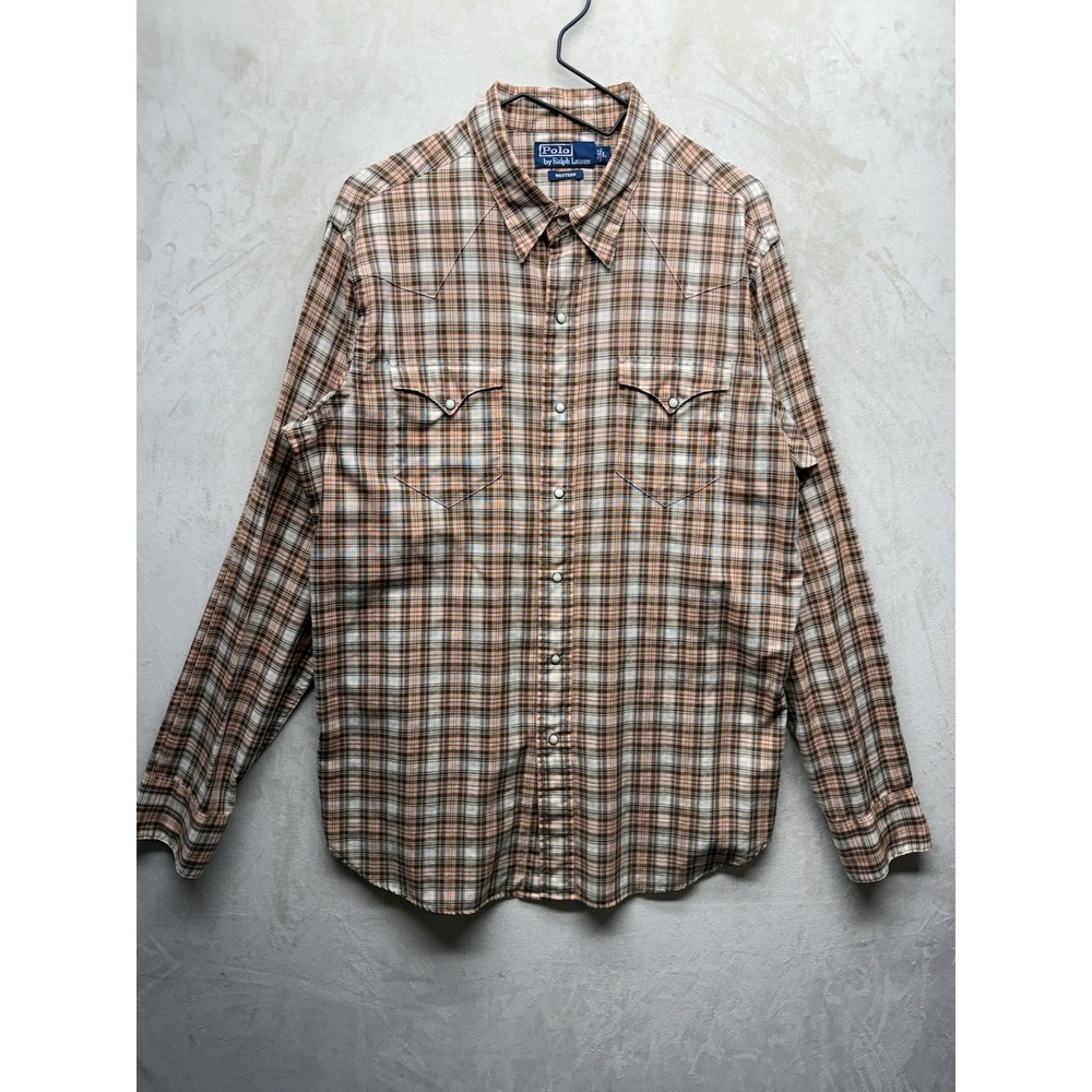 VTG Polo Ralph Lauren Shirt Mens Large Western Plaid Pearl Snap Long Sleeve 90s